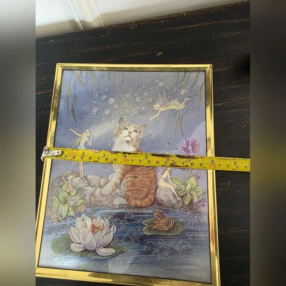 Jean Henry Cat and Fairies Dufex Foil Art  Gold Framed Vintage Fantasy